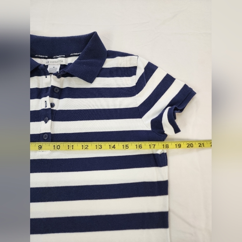 Liz Claiborne Blue White Striped Polo Shirt Nautical Preppy Size Medium - Picture 6 of 9